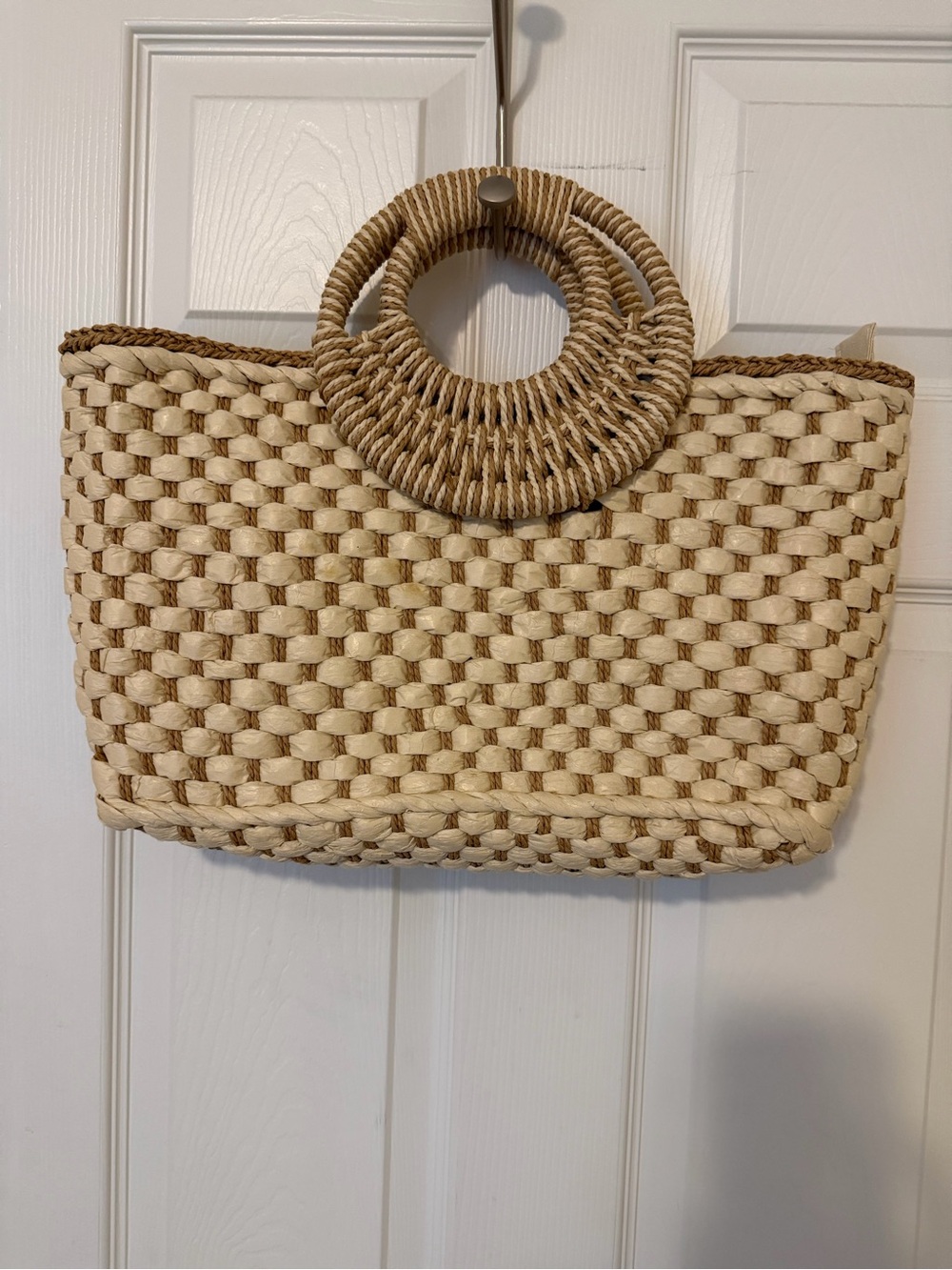 Source Unknown Two-Tone Woven Tote in Natural and Tan